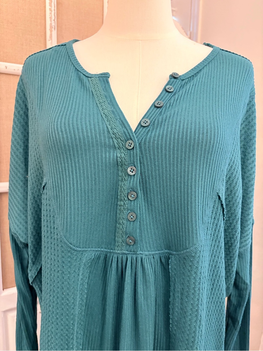Free People NWT Teal Waffle Knit Ribbed Henley Oversized Tunic Top S